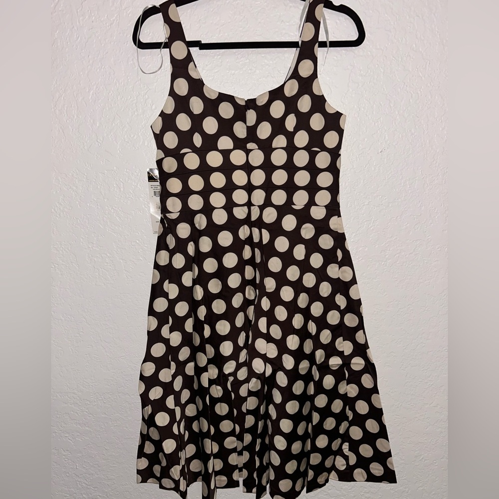 214. Donna Ricco- Beige and brown polkadot dress.